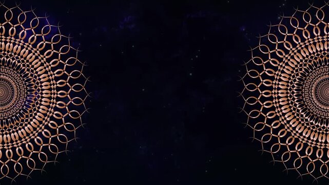 Animation of vintage Luxury mandalas background with old gold frame in arabesque pattern Arabic style. Motion Graphics Video Mandala Rotating on Both Sides. Starry Galaxy Background, copy space 
