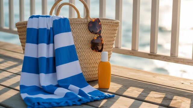 Beach essentials displayed on a sunny wooden deck with accessories for a perfect summer vacation relaxation and travel ideas with straw beach bag striped towel sunglasses and sunscreen 