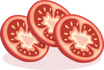 Three sliced tomatoes arranged in a stack, showcasing their juicy red flesh and seeds.