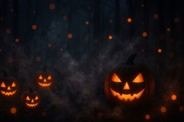 Spooky pumpkin lanterns glowing in the dark forest with eerie atmosphere and floating orbs. concept of halloween decoration, autumn festivity, nighttime scenery