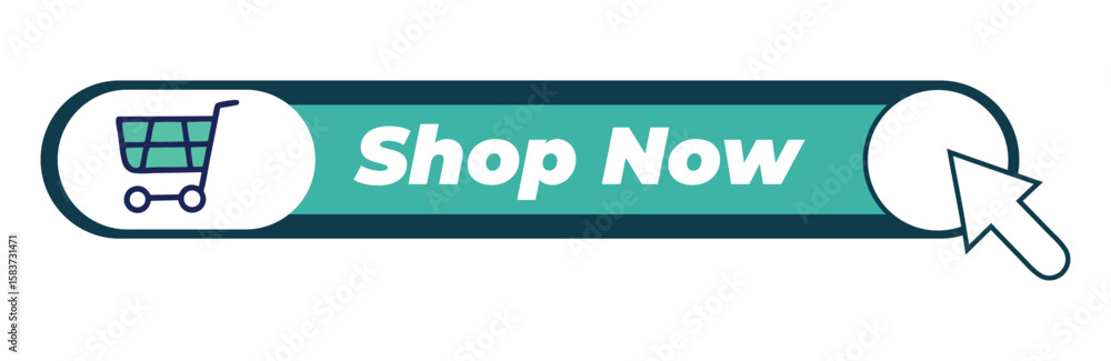 Poster shop now button vector. modern green e-commerce call to action with shopping cart icon and clicking 
