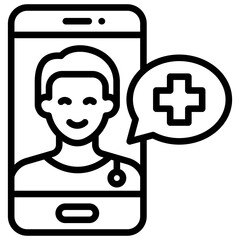 Telehealth Call Outline Icon Vector Design - Virtual consultation with a doctor via smartphone, representing online health services