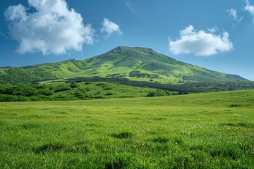 Obraz premium Lush green mountain under a bright blue sky.