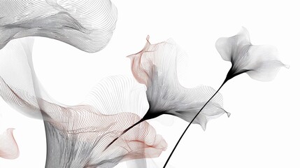 Delicate floral shapes gracefully intertwine in a minimalist design, showcasing soft lines and gentle curves in monochromatic tones with subtle hints of color