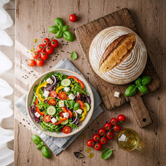 Fresh vegetable salad with feta cheese and round artisan bread on a rustic wooden table