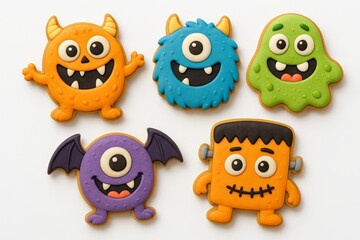 Cute cartoon halloween monsters stickers with colorful cookies featuring cyclops and bat in playful style. concept of fun halloween, monster treats, festive baking art, set