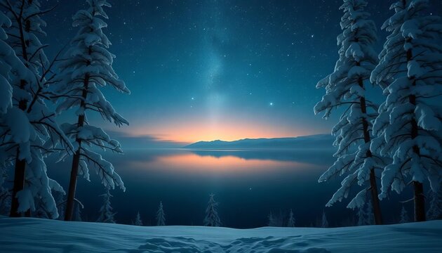 Stylized snow-laden trees frame a still, starlit lake reflecting the night sky,  illustration,  reflective lake