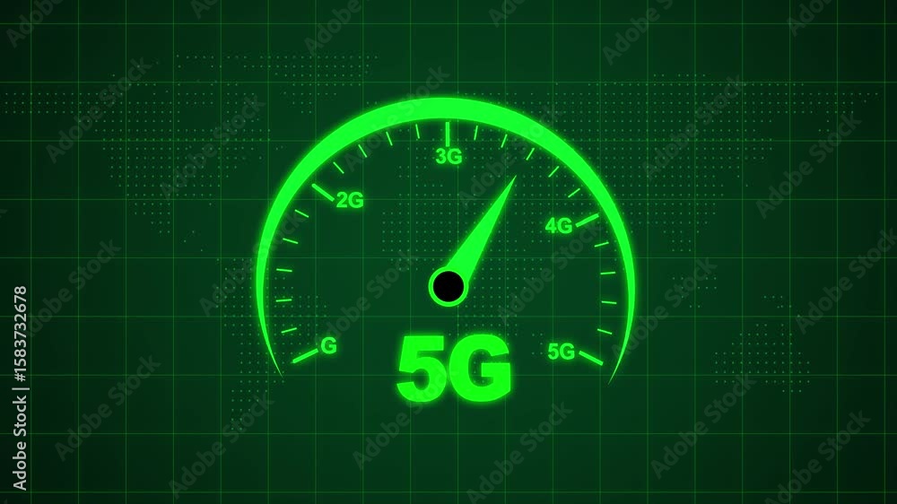 Aufkleber 5g internet speed testing meter with glowing animation 4k. backdrop for world map.businessman test 5