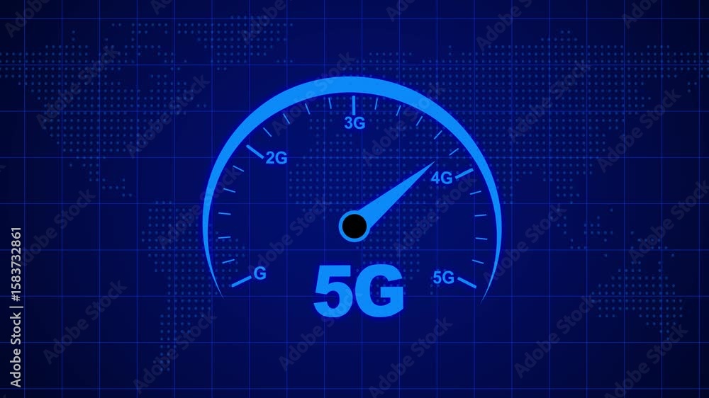 Poster animation internet speed test 5g. holographic circle modern style technology, rotating on arrow curs
