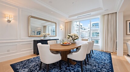 Elegant dining room with large windows and ornate details.