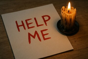 Bloody help me message written on paper near melted candle on wooden table. Concept of horror scene, desperate cry for help, Halloween suspense atmosphere