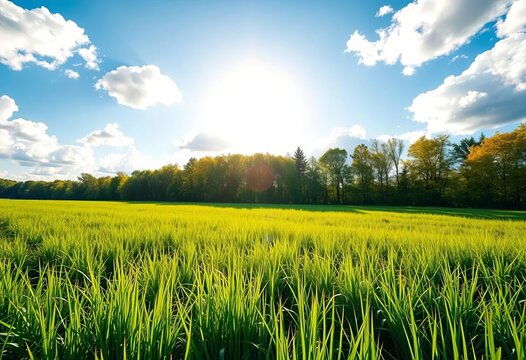 Sun-drenched grassy field, lush green, backdrop of trees, vibrant blue sky with fluffy white clouds,  sunny,  background