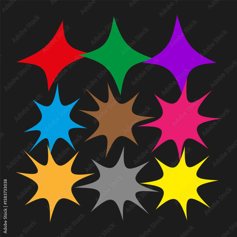 Poster abstract star bursts. colorful geometric shapes. dynamic vector elements. vivid splash forms.