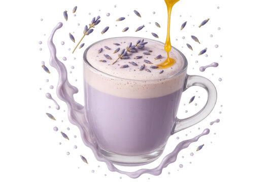 Lavender latte with honey on transparent background, a delightful beverage