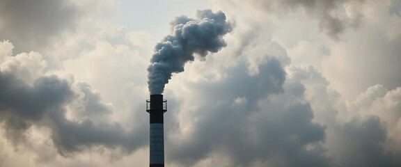 Thick, dark smoke billowing from industrial smokestack, factory,  atmosphere