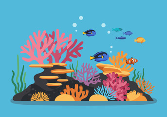 A vibrant coral reef scene with colorful fish swimming amid diverse coral formations © dhorido studio