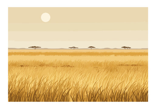 African savanna scene with tall grass distant trees and a pale sun
