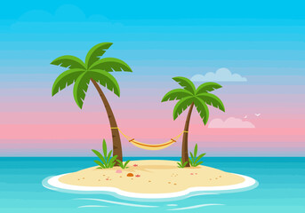 Cartoon island with palm trees hammock sand and blue sea under a colorful sky