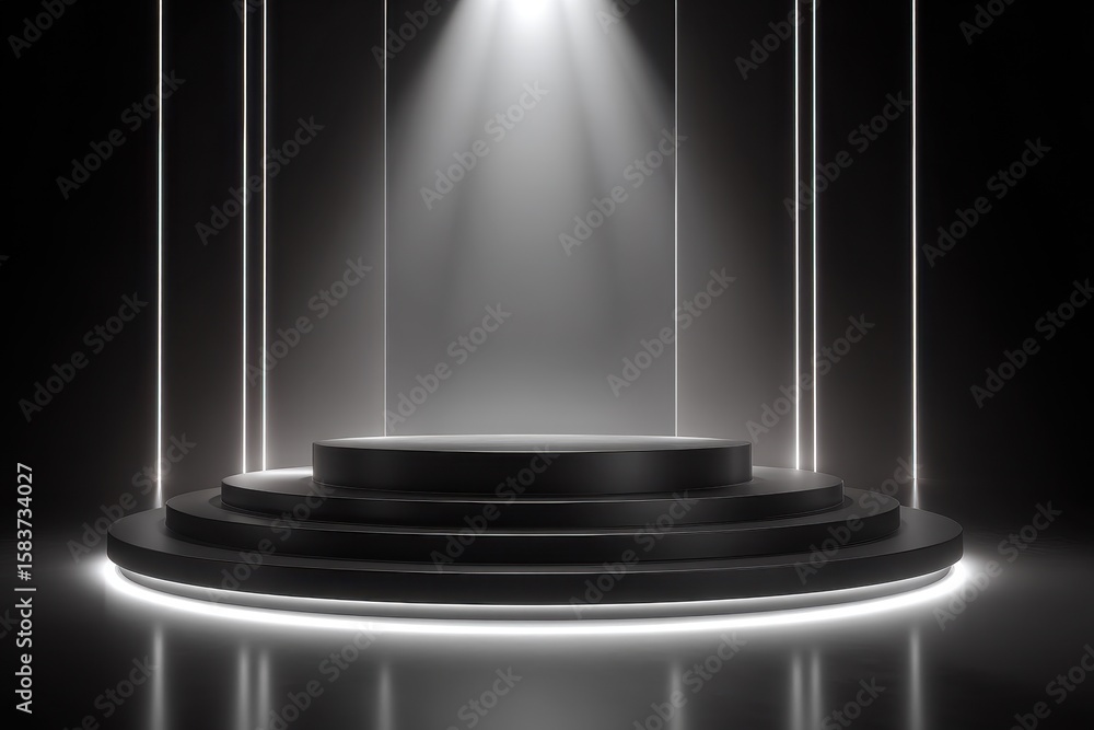 Poster futuristic dark podium with luminous background lighting creating an ethereal atmosphere in a modern
