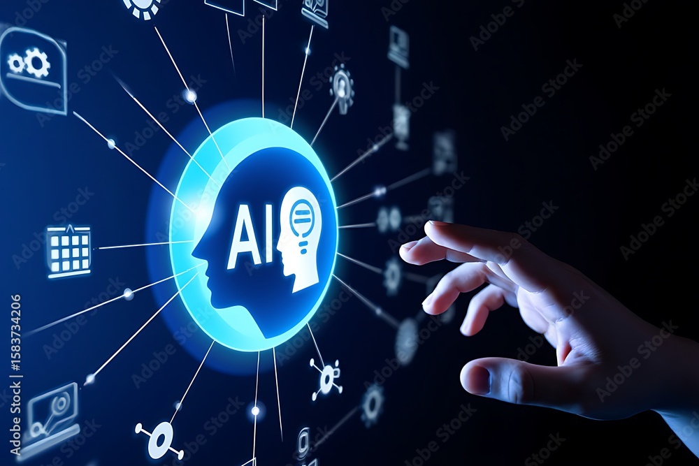 Aufkleber futuristic artificial intelligence brain network with human interaction and digital data connections