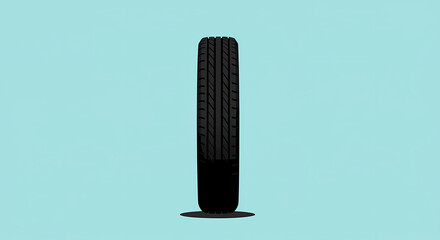 A single, upright tire against a light-blue background.