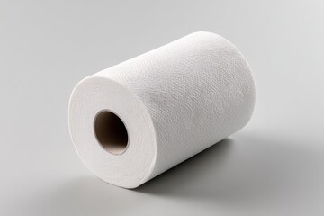 Fototapeta premium White paper towel roll on neutral gray background for cleaning, kitchen use, and household organization