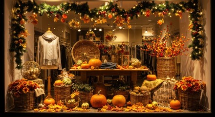 Autumn themed window display with pumpkins baskets and clothing creating a seasonal scene.