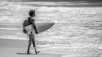 Surfer With a prosthetic Leg Walking On the Beach carrying a surf board, no logos, no brands
