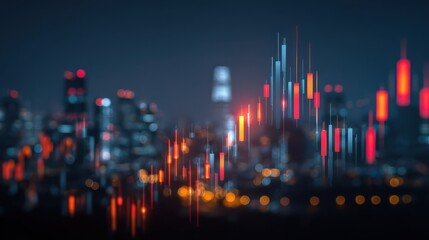Abstract glowing big data forex candlestick chart on blurry city backdrop. Trade, technology, investment and analysis concept. Double exposure, no logos, no brands