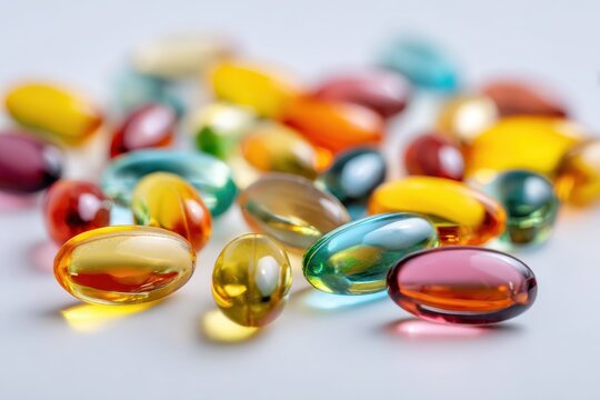Colorful assortment of vitamin and supplement capsules scattered on a light surface showcasing vibrant hues and various shapes for health enthusiasts and consumers