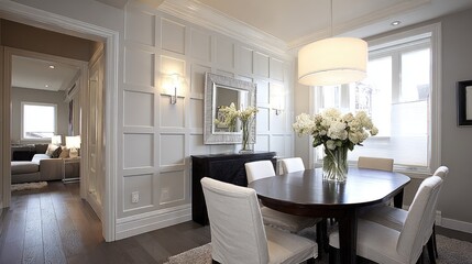 Elegant dining room with paneled walls and a round pendant light.