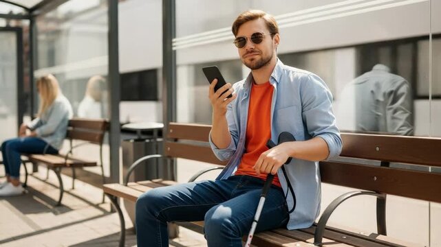 A blind man with a cane uses his phone while waiting at a bus stop