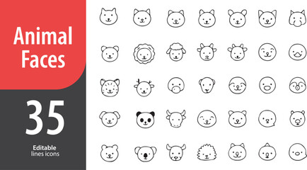 Animal Faces Line Icons, Cat, Dog, Lion, Bear, Fox, Editable Formats: AI, EPS, PNG, Ideal for Both UI and Print Media Use
