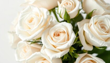 Close-up of pristine white roses, petals unfurled against a seamless white backdrop,  minimal,  background