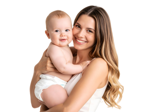 A smiling mother holds a baby in her arms, radiating warmth and joy on a transparent background. - Powered by Adobe
