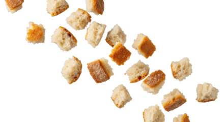 A stream of golden-brown bread croutons falling against a white background.