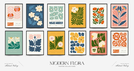 Abstract floral posters template. Modern trendy Matisse minimal style. Pink and blue colors. Hand drawn design for wallpaper, wall decor, print, postcard, cover, template, banner.