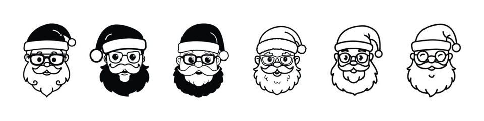 "Various Santa Claus Faces with Different Beard Styles and Hats"
