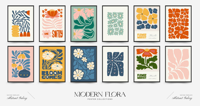 Fototapeta Abstract floral posters template. Modern trendy Matisse minimal style. Pink and blue colors. Hand drawn design for wallpaper, wall decor, print, postcard, cover, template, banner.