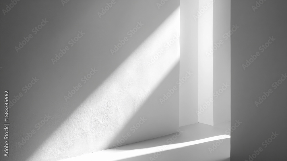 Poster light filtering through a minimalistic architectural space creates striking shadows in a serene sett