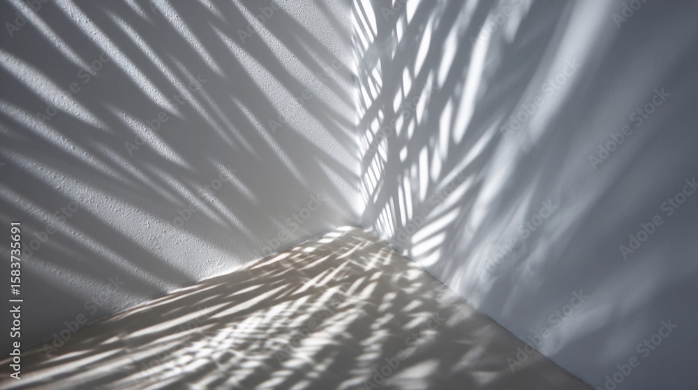Poster shadows create intricate patterns on a white wall during daytime in a quiet room, highlighting textu