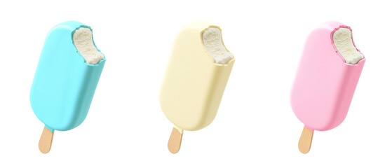Pastel candy glazed vanilla ice cream bar on stick transparent PNG cutout set bundle, isolated background. Colorful, blue, cream white, pink color flavor cue