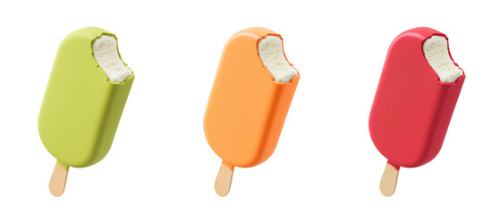 Colorful fruit chocolate glazed ice cream bar on stick transparent PNG cutout set bundle, isolated background. Vanilla filling, green, orange, red flavor cue
