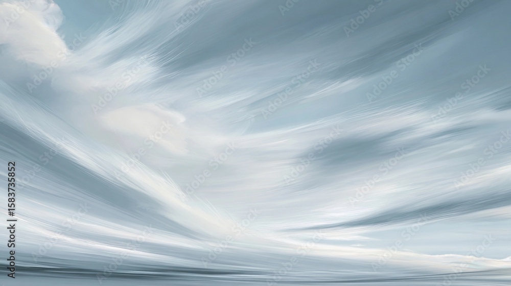 Poster swirling clouds in a soft blue sky create a serene atmosphere over a tranquil ocean at dawn