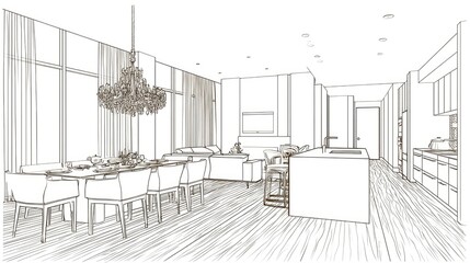 Open-concept sketch of a modern dining and kitchen area.