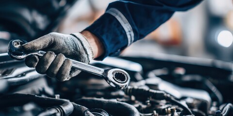 The mechanic using a wrench for automotive repair in a workshop environment.
