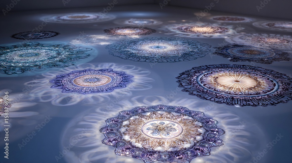 Poster colorful circular patterns projected on a gallery floor create an immersive art experience, showcasi