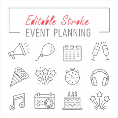 Editable Stroke Event Planning Icon Set – Party, Celebration & Festival Line Art Vector Collection