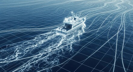 autonomous marine navigation technology with holographic boat and data streams