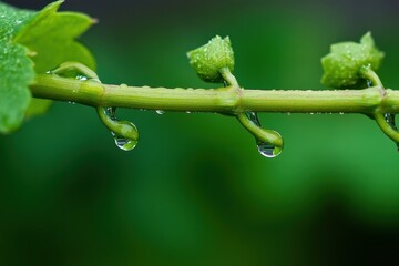 Fresh water droplets form on a green plant stem with delicate buds in a natural setting